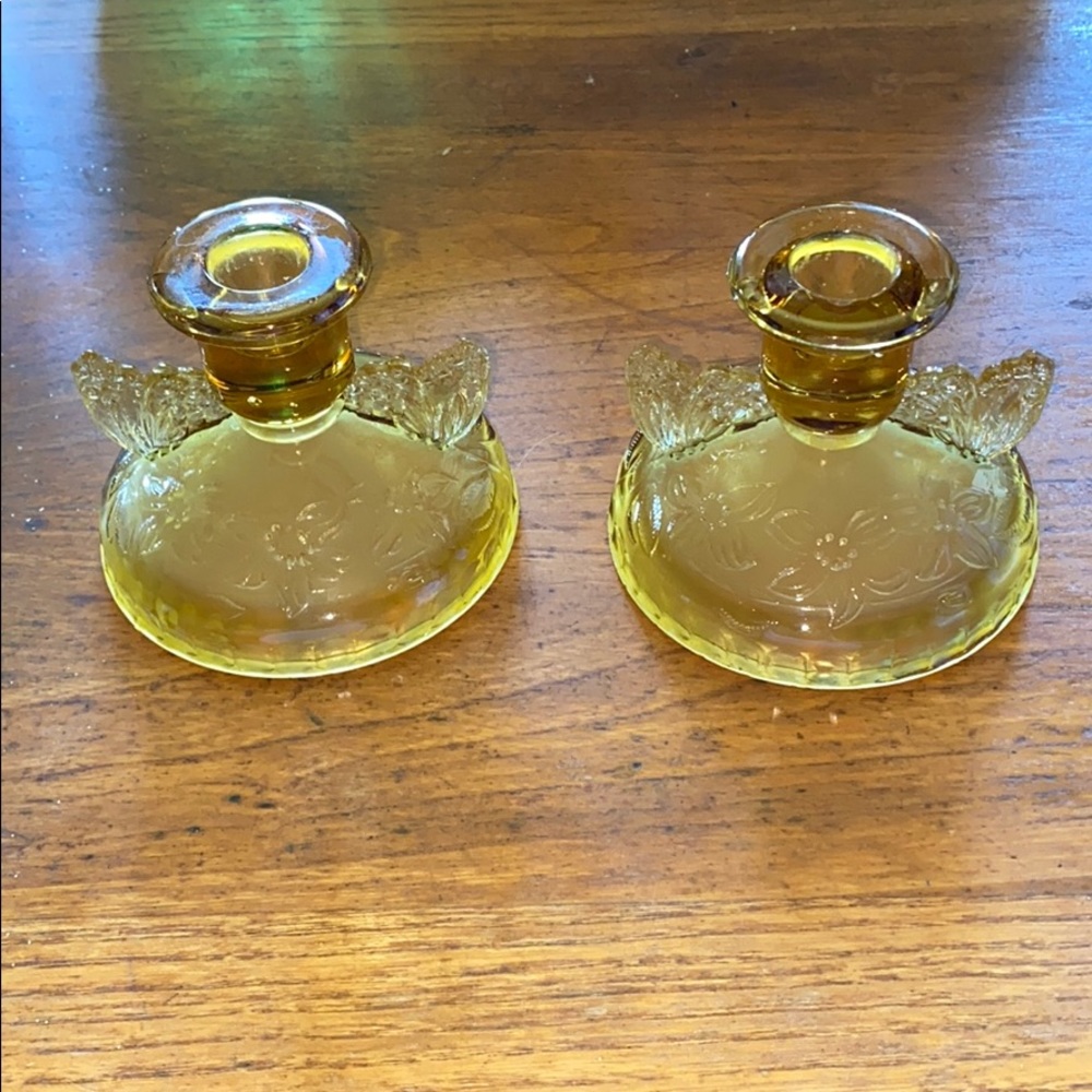 Sowerby Art Deco amber color candlesticks
